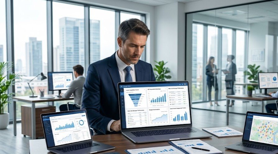 Business owner using digital marketing strategies to find customers looking for their services