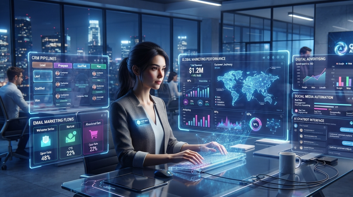 AI marketing automation dashboard illustrating marketing automation, digital marketing automation, AI in marketing automation, and automated customer workflows.